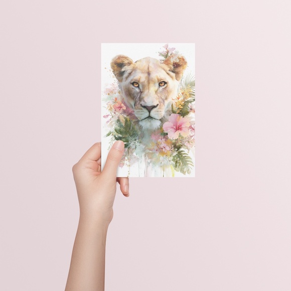 Watercolor Lioness With Flowers Portrait Wall Art Illustration Print Unframed - Picture 4 of 7